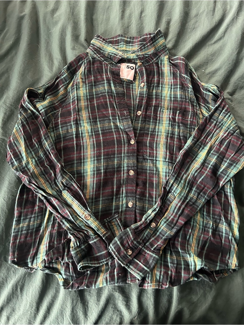 SO Plaid Button-Down Shirt in Burgundy, Teal & Yellow